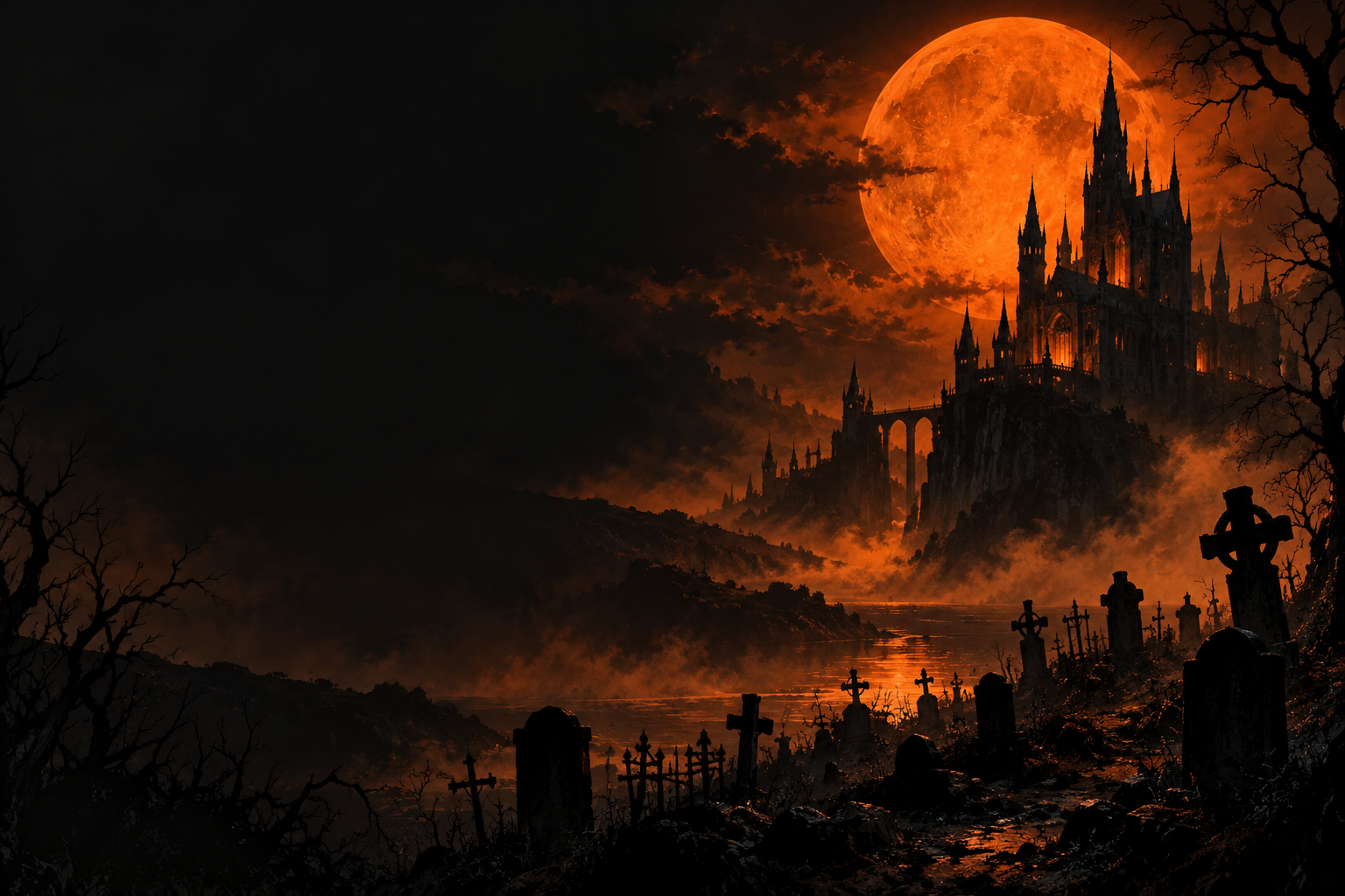 A gothic castle and graveyard under a burning orange moon